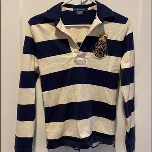 Size small Ralph Lauren l, long sleeve polo, striped cream and navy.